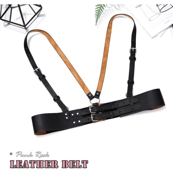 Plus Size Black PU Harness Wide Waist Belt Gothic Punk Rave Costume Accessory - Picture 5 of 6